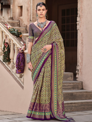Tasrika Printed Banarasi Silk Blend Saree(Purple)