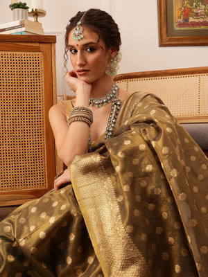 SILK ZONE Woven Banarasi Tissue Saree(Brown)