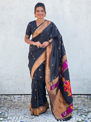 Tasrika Woven Paithani Cotton Silk Saree(Black)