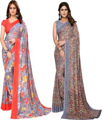 YASHIKA Floral Print Daily Wear Georgette Saree(Pack of 2, Red, Grey)