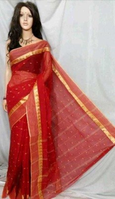 Sthaker Embroidered Handloom Cotton Blend Saree(Red)