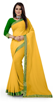 Adirotz Solid/Plain Bollywood Chiffon Saree(Yellow)