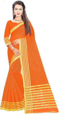 JS Clothing Mart Solid/Plain, Striped Banarasi Cotton Blend Saree(Orange)