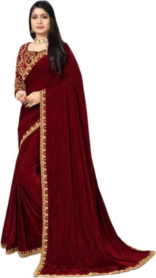 SNH EXPORT Self Design Bollywood Velvet Saree(Maroon)