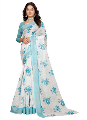 HangerStories Printed Kanjivaram Pure Cotton, Cotton Linen Saree(White, Light Blue)