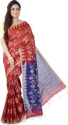 Avik Creations Self Design, Temple Border, Embroidered, Embellished, Woven Jamdani Handloom Silk Blend, Cotton Silk Saree(Maroon, Blue)