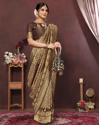 YASHIKA Printed Kanjivaram Cotton Silk, Jacquard Saree(Brown)