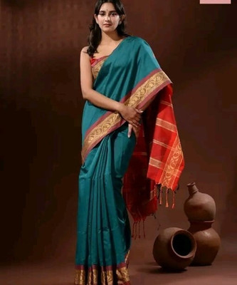 SimaGarments Woven, Temple Border Handloom Cotton Silk Saree(Light Green)