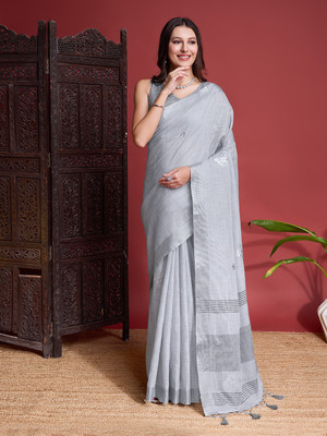 100 DREAMS Woven Handloom Linen Saree(Grey)