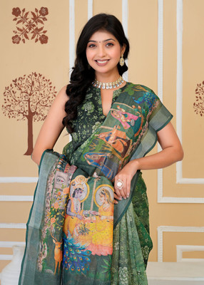 SHRIVAN FASHION Printed Bollywood Silk Blend Saree(Green)