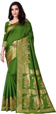 RANJAN Woven Banarasi Silk Blend Saree(Green)