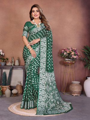 Tasrika Tie-Dye Bollywood Silk Blend Saree(Dark Green)