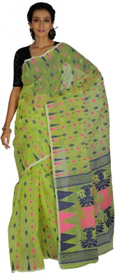 Sanrocks Global Fashions Woven Handloom Cotton Blend Saree(Green, Pink)