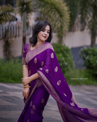 WOMENELEGENCE Embellished Banarasi Pure Silk Saree(Purple)