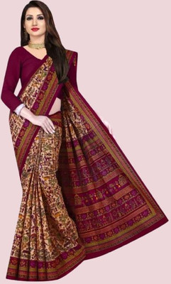 Odissi Fashion Printed Sambalpuri Pure Cotton Saree(Maroon, Brown)