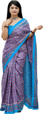HMP Fashion Printed Ikkat Cotton Blend Saree(Blue)