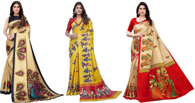 YASHIKA Printed, Woven Kalamkari Art Silk Saree(Pack of 3, Gold, Yellow, Beige)
