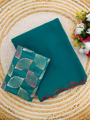 ZENFAB THREADS Self Design, Embroidered Bollywood Georgette Saree(Blue)