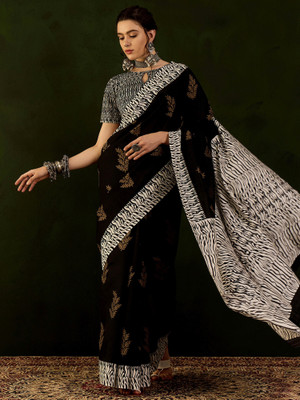 Divastri Printed Daily Wear Silk Blend Saree(Black)