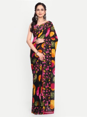 NIRMOHIFASHION Printed Bollywood Georgette Saree(Black, Pink, Yellow, Green)