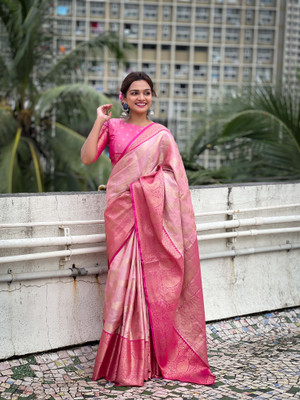 all about you Woven Kanjeevaram Silk Blend Saree(Pink)