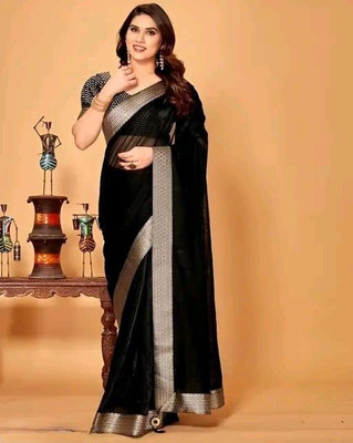 Rudra Enterprise Solid/Plain Bollywood Lycra Saree(Black)