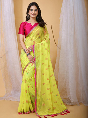 HERE N NOW Printed Banarasi Georgette Saree(Yellow)