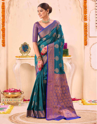 Satrani Woven, Embellished Banarasi Silk Blend Saree(Blue)