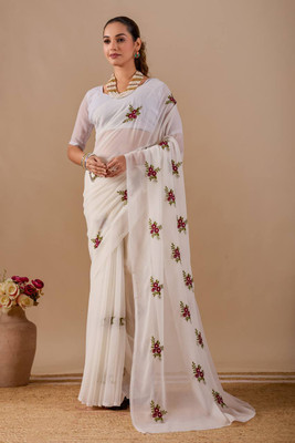 SILKORA Embroidered Bollywood Georgette Saree(White)