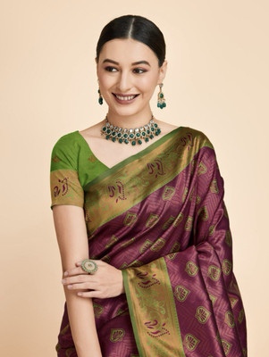 msmfaishon Woven, Solid/Plain Banarasi Art Silk, Jacquard Saree(Maroon, Green)