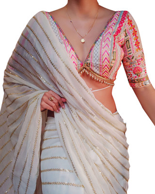 PD CLOTH VILLA Embellished Bollywood Georgette Saree(White)