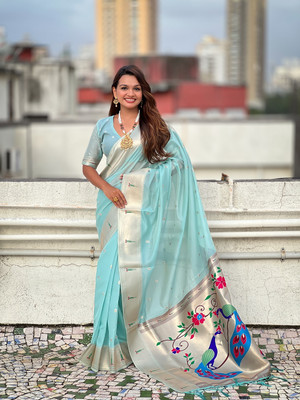 Plothah: Woven, Self Design Paithani Organza Saree(Light Blue)
