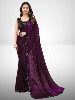 Vragi Floral Print Bollywood Lycra Blend Saree(Purple)