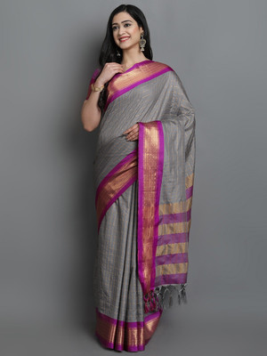 HouseOfCommon Checkered, Embellished, Self Design, Striped, Woven Mysore Cotton Silk, Jacquard Saree(Grey, Purple, Gold)