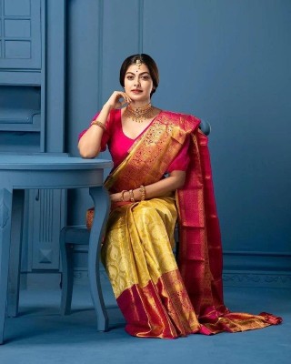 Dhruvil Impex Self Design Banarasi Pure Silk Saree(Yellow)