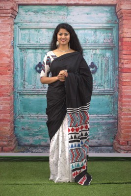 ABHIT CREATION Blocked Printed Daily Wear Pure Cotton Saree(Black)