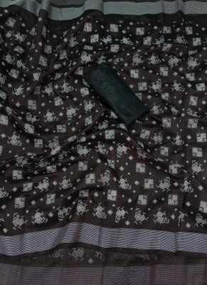 MUKHITA Floral Print, Woven Kanjivaram Khadi, Silk Blend Saree(Brown)