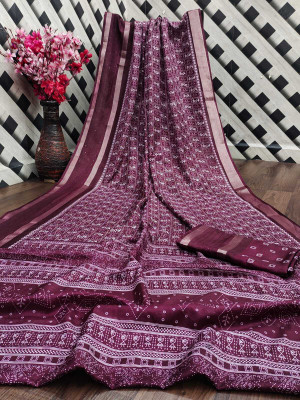 DHINITA Printed Bollywood Jute Silk Saree(Purple)