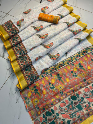 Mervadiya Digital Print Bollywood Cotton Linen, Cotton Blend Saree(White)