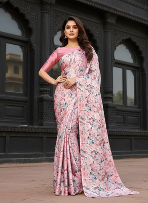 SHREESHA ENTERPRISE Floral Print Bollywood Satin Saree(Pink)
