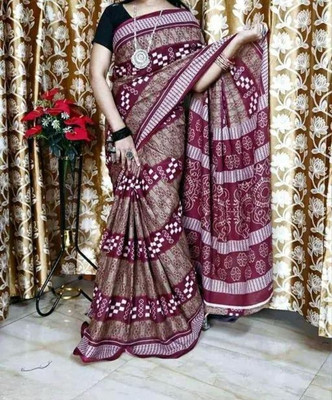 ARTFULTHREADS Printed Sambalpuri Pure Cotton Saree(Brown)