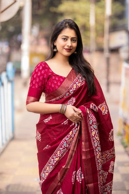 SVPrints Hand Painted Bollywood Handloom Cotton Silk Saree(Maroon)