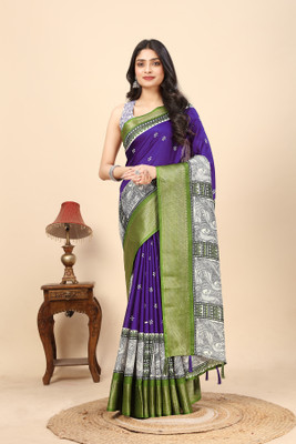 J6 Designers Printed Bandhani Cotton Silk Saree(Purple, Green)