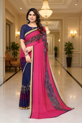 SmittenSmit Printed Bollywood Georgette Saree(Pink, Dark Blue)