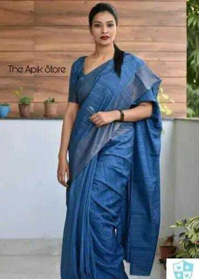 A R HANDLOOM Solid/Plain Handloom Silk Blend Saree(Blue)