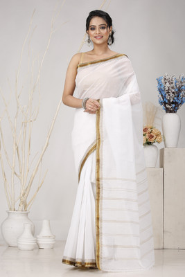DipDiya Solid/Plain, Woven Tant Pure Cotton Saree(White, Brown)