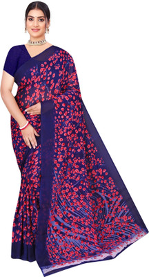INDONIQ Floral Print, Printed Daily Wear Chiffon, Georgette Saree(Blue)
