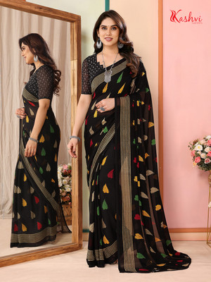 Floral Print, Striped, Printed Bollywood Georgette Saree(Black)
