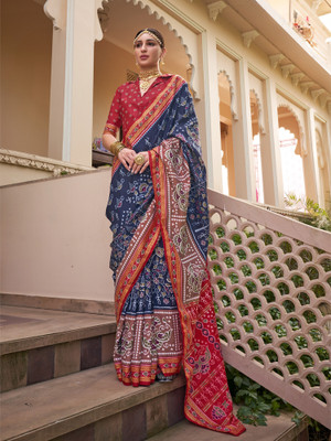 Elora Printed Patola Silk Blend Saree(Dark Blue)