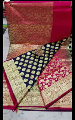 HouseOfCommon Printed Banarasi Silk Blend Saree(Dark Blue, Red)